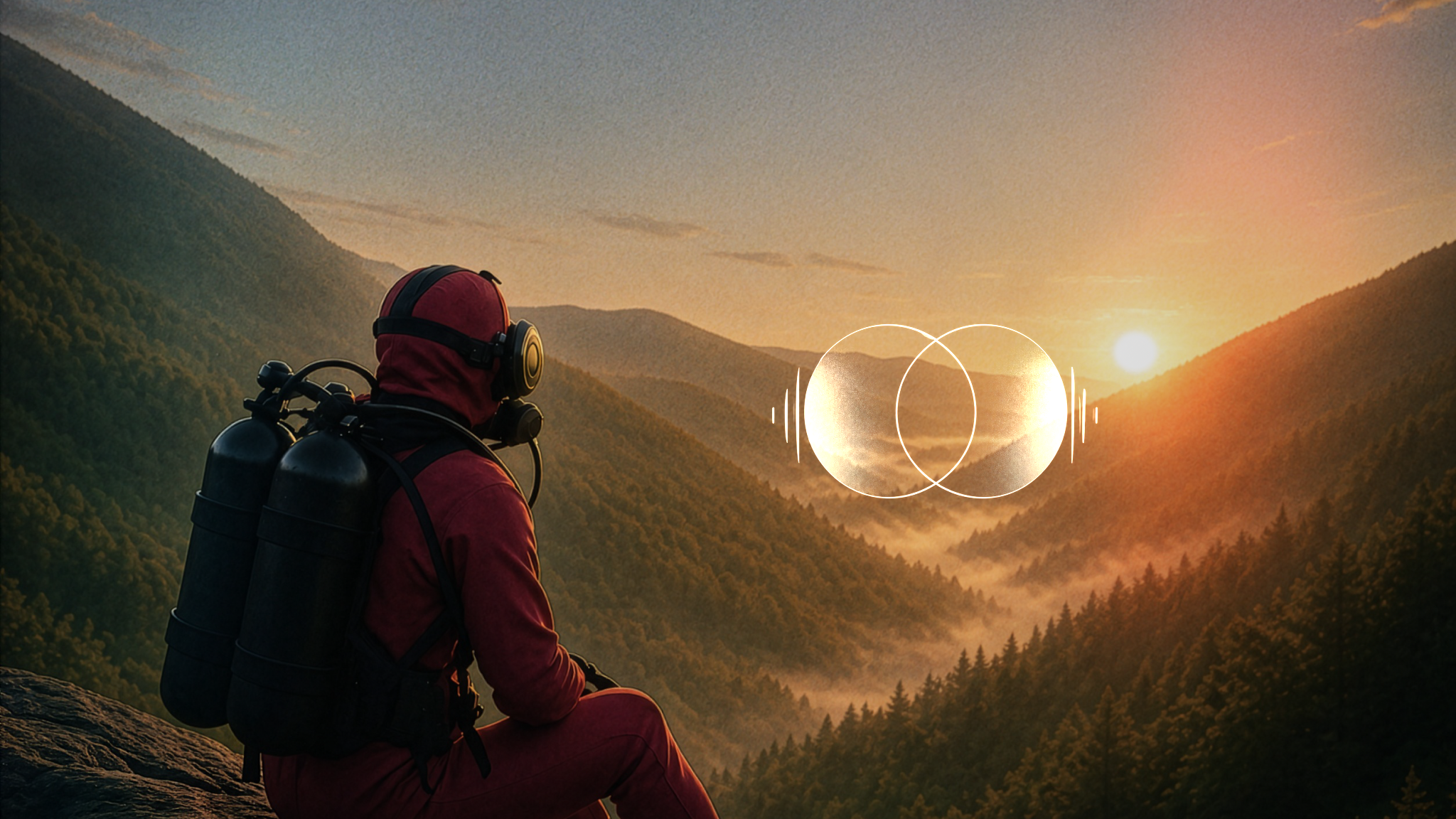 Ill Sound film concept artwork featuring a red-suited traveler overlooking a mountain valley